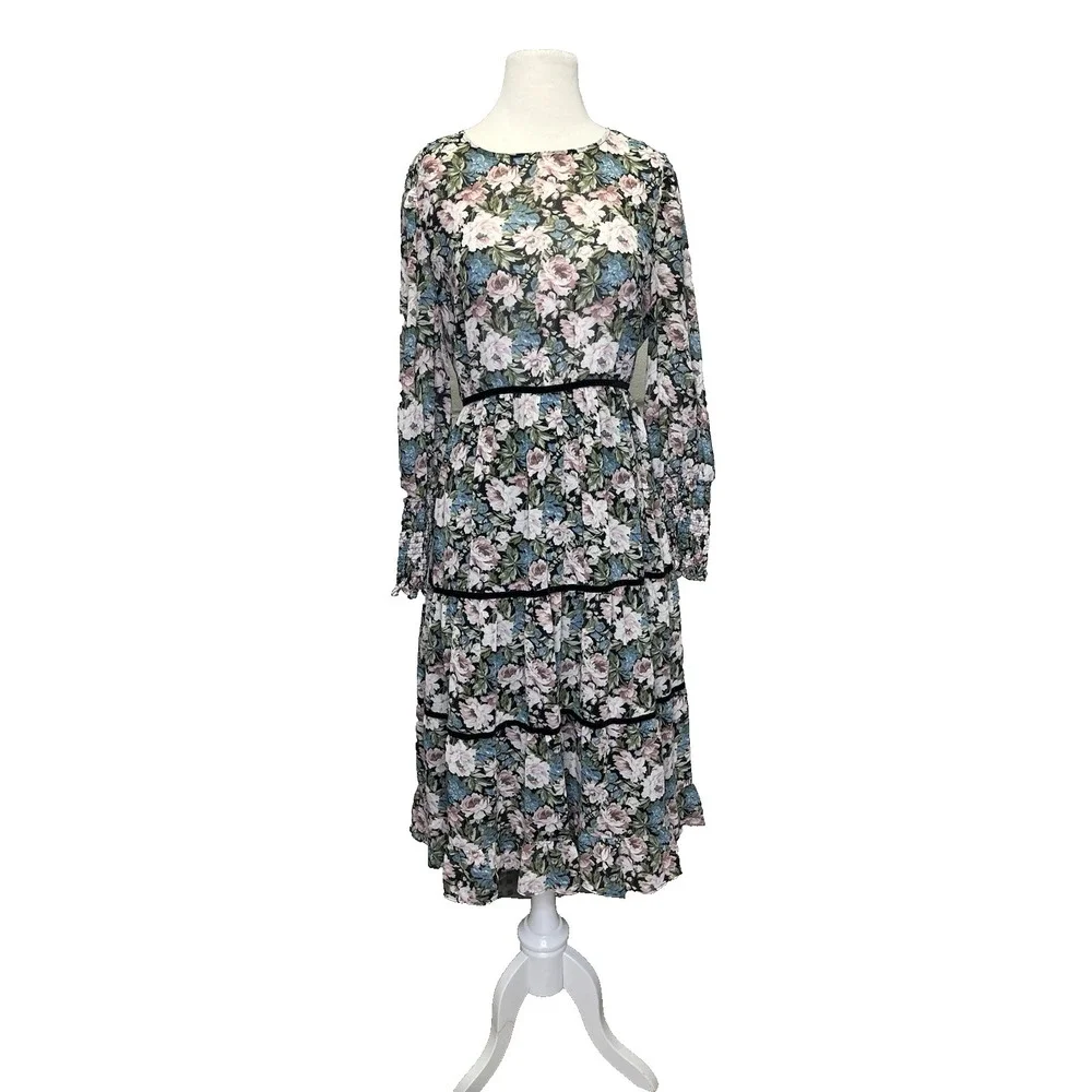 En Saison Floral Midi Dress Small Tiered Pastel Chiffon Rose‎ Cottagecore
